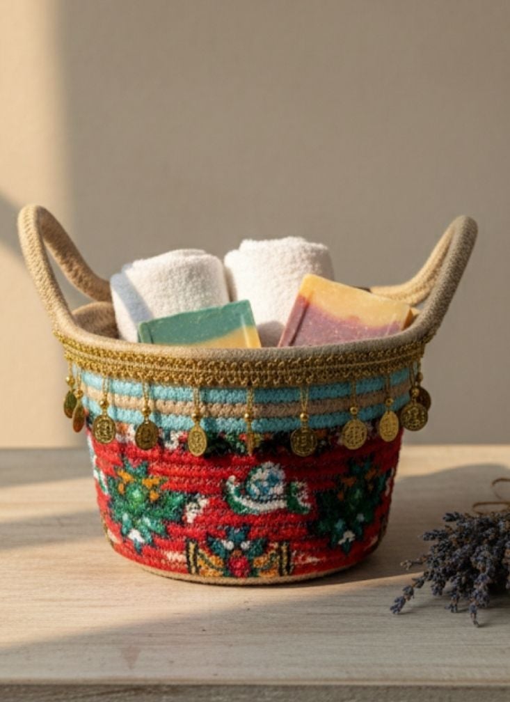 Premium Handmade Decorative Fabric Basket with Coin Tassels for Towels, Gifts, or Home Organization - Image 4